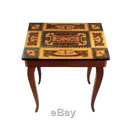 Vintage Inlaid Flip Top Wooden Jewelry Side End Table Cabriole Legs Music Box