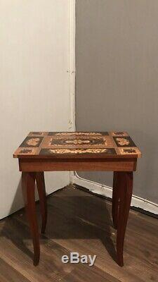 Vintage Italian Inlaid Marquetry Reuge Music Box Table 17 Tall