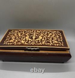 Vintage Italian Inlaid Wood Jewelry Reuge Music Box 10.5x6x3.75