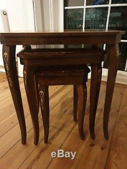 Vintage Italian Marquetry Nesting Tables withMusic Box, Inlaid Wood Made in Italy