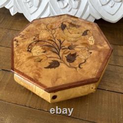 Vintage Italian Music Box Octagonal Jewelry? Asket Wood Marquetry Swiss Movement