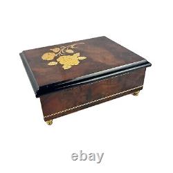 Vintage Italian Musical Jewelry Box Burl Wood with Floral Inlay Plays'Theme