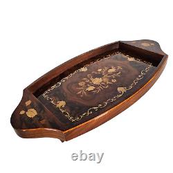 Vintage Italian Wood Inlay Tray With Music Box Floral Pattern Italy
