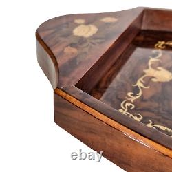 Vintage Italian Wood Inlay Tray With Music Box Floral Pattern Italy
