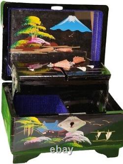 Vintage Japanese Black Lacquered Hand Painted Musical Jewelry Box 6 X 3.5