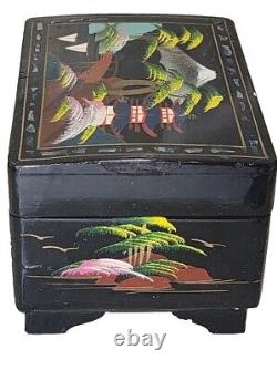 Vintage Japanese Black Lacquered Hand Painted Musical Jewelry Box 6 X 3.5