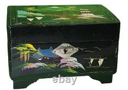 Vintage Japanese Black Lacquered Hand Painted Musical Jewelry Box 6 X 3.5