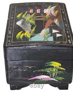 Vintage Japanese Black Lacquered Hand Painted Musical Jewelry Box 6 X 3.5