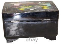 Vintage Japanese Black Lacquered Hand Painted Musical Jewelry Box 6 X 3.5