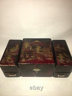 Vintage Japanese Red/Black Lacquer Wood Jewelry Music Box Hand Painted Abalone