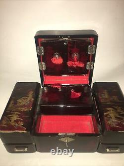 Vintage Japanese Red/Black Lacquer Wood Jewelry Music Box Hand Painted Abalone