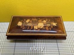 Vintage Lacquered Wood Jewelry Music Box with Inlaid Flowers Made In Italy