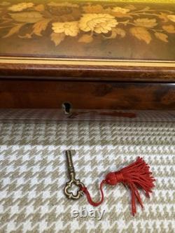 Vintage Lacquered Wood Jewelry Music Box with Inlaid Flowers Made In Italy