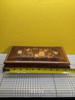 Vintage Lacquered Wood Jewelry Music Box with Inlaid Flowers Made In Italy