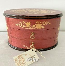 Vintage Large Italian Inlay Wood Oval Jewelry Reuge Music Box with Drawers