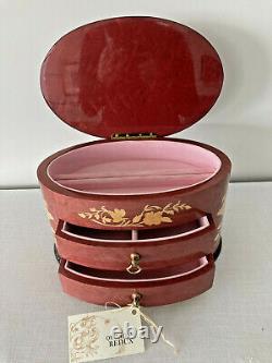 Vintage Large Italian Inlay Wood Oval Jewelry Reuge Music Box with Drawers