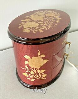 Vintage Large Italian Inlay Wood Oval Jewelry Reuge Music Box with Drawers