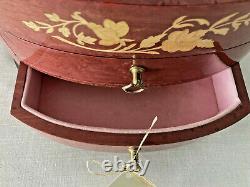 Vintage Large Italian Inlay Wood Oval Jewelry Reuge Music Box with Drawers