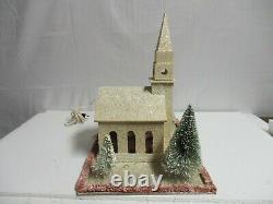 Vintage Lighted Wood Mica Christmas Music box Church Bottle Brush trees 1940s