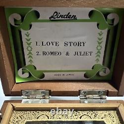 Vintage Linden Wood Music Box Japan Love Story, Romeo & Juliet- Works Great