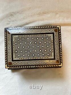 Vintage Moorish Style Inlaid Wood Mother of Pearl Cigarette Box Music Box