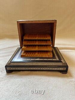 Vintage Moorish Style Inlaid Wood Mother of Pearl Cigarette Box Music Box