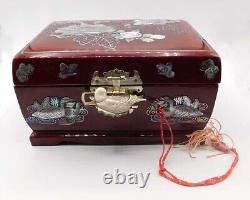 Vintage Mother of Pearl Inlay Trinket Music Box with Mirror, Red Wood and Brass