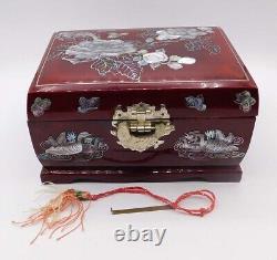 Vintage Mother of Pearl Inlay Trinket Music Box with Mirror, Red Wood and Brass