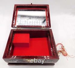 Vintage Mother of Pearl Inlay Trinket Music Box with Mirror, Red Wood and Brass