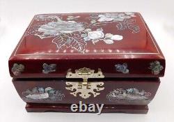 Vintage Mother of Pearl Inlay Trinket Music Box with Mirror, Red Wood and Brass