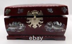 Vintage Mother of Pearl Inlay Trinket Music Box with Mirror, Red Wood and Brass