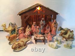 Vintage Nativity set w Music box lighted Wood Manger 19 Pc Christmas decor