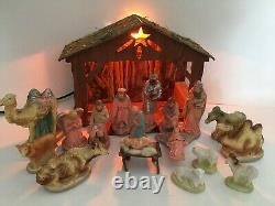 Vintage Nativity set w Music box lighted Wood Manger 19 Pc Christmas decor