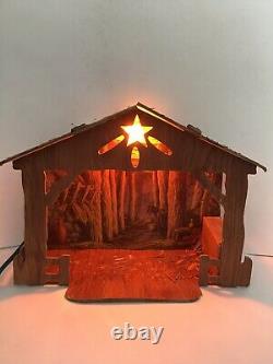 Vintage Nativity set w Music box lighted Wood Manger 19 Pc Christmas decor