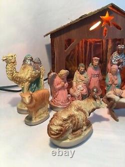 Vintage Nativity set w Music box lighted Wood Manger 19 Pc Christmas decor