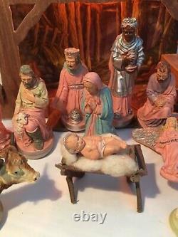 Vintage Nativity set w Music box lighted Wood Manger 19 Pc Christmas decor