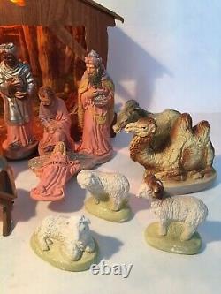 Vintage Nativity set w Music box lighted Wood Manger 19 Pc Christmas decor