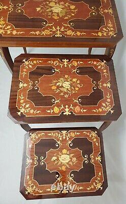 Vintage Nesting Tables Accent Sorrento Italian Marquetry Inlaid With Musical Box