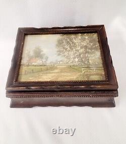 Vintage Ornate Wood Music Jewelry Box B. Wieringa Print Mirror Lador Switzerland