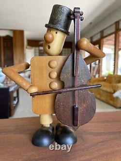 Vintage Otagiri Japan Pull Knob Animated Wood Bass Player Music Box