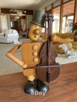 Vintage Otagiri Japan Pull Knob Animated Wood Bass Player Music Box