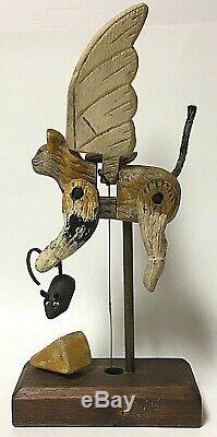 Vintage Peaceable Kingdom Folk Art Wood Mechanical Music Box Flying Cat & Mouse
