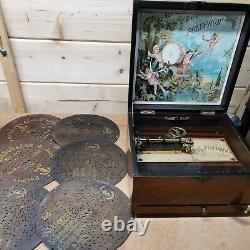 Vintage Polyphon music box with 6 discs wooden case Good working order