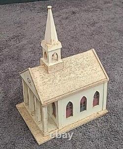 Vintage Putz Church Music Box Wood Stained Glass Windows Tall Steeple Bell 16.5