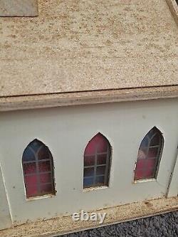 Vintage Putz Church Music Box Wood Stained Glass Windows Tall Steeple Bell 16.5