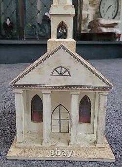 Vintage Putz Church Music Box Wood Stained Glass Windows Tall Steeple Bell 16.5