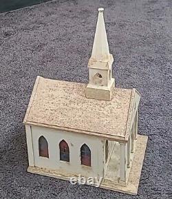 Vintage Putz Church Music Box Wood Stained Glass Windows Tall Steeple Bell 16.5