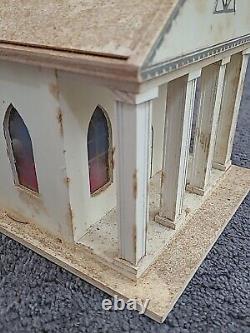 Vintage Putz Church Music Box Wood Stained Glass Windows Tall Steeple Bell 16.5