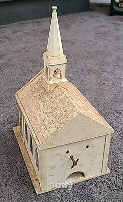 Vintage Putz Church Music Box Wood Stained Glass Windows Tall Steeple Bell 16.5