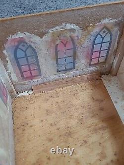 Vintage Putz Church Music Box Wood Stained Glass Windows Tall Steeple Bell 16.5